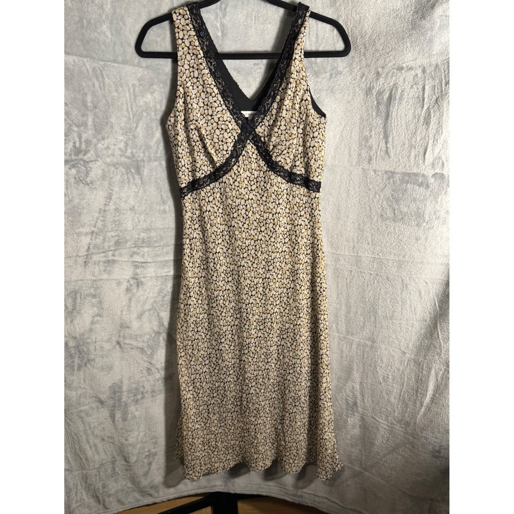 babydoll slip dress pebble Print V Neck Lace Trim Midi Dress Size 8 vintage?